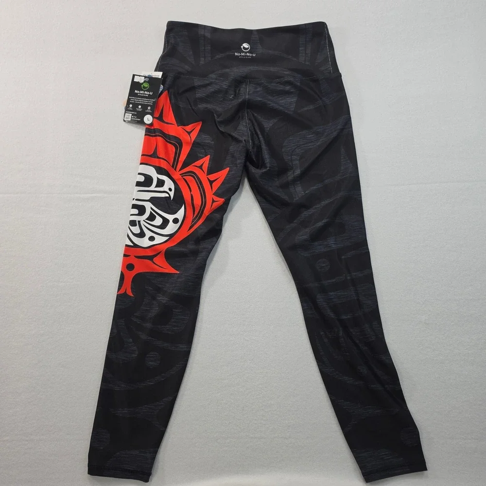 NoMiNoU‎ Indigenous Art Leggings L Large Black Red Recycled Yoga UPF 50 NWT